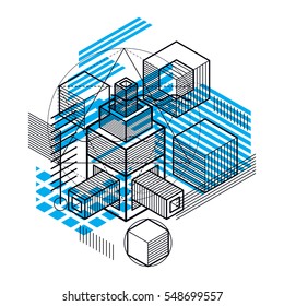 Vector background with abstract isometric lines and figures. Template made with cubes, hexagons, squares, rectangles and different abstract elements.
