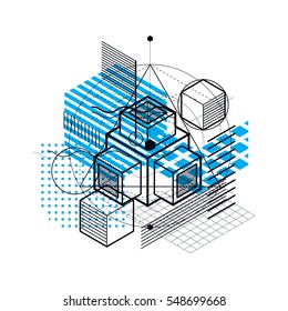 Vector background with abstract isometric lines and figures. Template made with cubes, hexagons, squares, rectangles and different abstract elements.