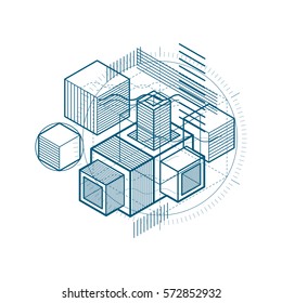 Vector background with abstract isometric lines and figures. Template made with cubes, hexagons, squares, rectangles and different abstract elements.