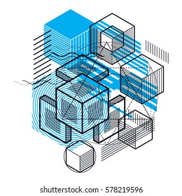 Vector background with abstract isometric lines and figures. Template made with cubes, hexagons, squares, rectangles and different abstract elements.