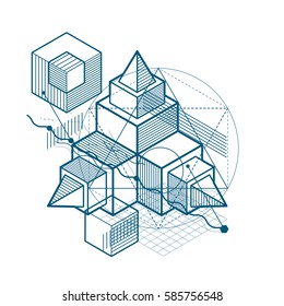 Vector background with abstract isometric lines and figures. Template made with cubes, hexagons, squares, rectangles and different abstract elements.