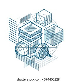 Vector background with abstract isometric lines and figures. Template made with cubes, hexagons, squares, rectangles and different abstract elements.