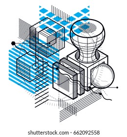 Vector background with abstract isometric lines and figures. Template made with cubes, hexagons, squares, rectangles and different abstract elements.