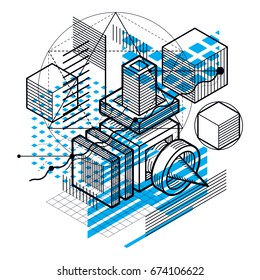 Vector background with abstract isometric lines and figures. Template made with cubes, hexagons, squares, rectangles and different abstract elements.