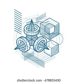 Vector background with abstract isometric lines and figures. Template made with cubes, hexagons, squares, rectangles and different abstract elements.