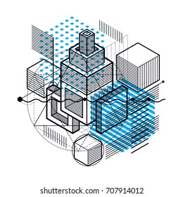 Vector background with abstract isometric lines and figures. Template made with cubes, hexagons, squares, rectangles and different abstract elements.