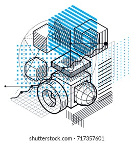Vector background with abstract isometric lines and figures. Template made with cubes, hexagons, squares, rectangles and different abstract elements.