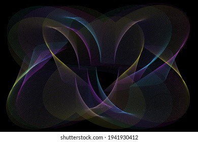 Vector background of abstract linear ultrathin shapes with transition effect. Yellow, pink, blue on black.