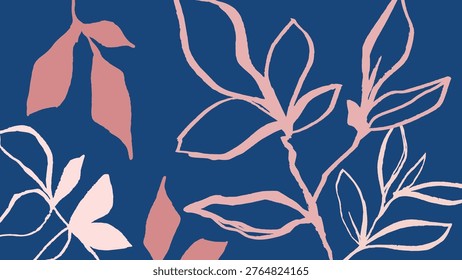 Vector background with abstract pink leaves on a dark blue backdrop. The design features a minimalist and modern botanical theme. Desktop wallpaper design.