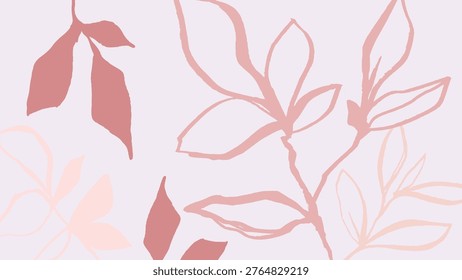 Vector background with abstract pink leaves and branches on a light backdrop, creating a soft, botanical theme. Desktop wallpaper design.
