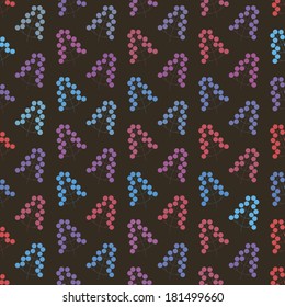 vector background, abstract seamless pattern with dark backdrop and violet, blue and red floral elements, geometric design, vector illustration