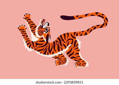 Vector background with abstract Siberian tiger. Indian oriental style. Cartoon hand drawn for t shirt print, logo, poster template, tattoo idea. Endangered animal. 