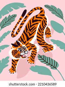 Fondo vectorial con tigre abstracto en la jungla. Estilo oriental indio. Mano plana dibujada para la impresión de camisetas, logotipo, plantilla de afiches, idea de tatuaje. Animales en peligro de extinción. 