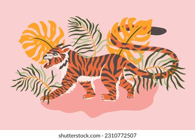 Vector background with abstract tiger in jungle. Retro japanese oriental style. Endangered animal. Flat hand drawn for t shirt print, logo, poster template, tattoo idea. 