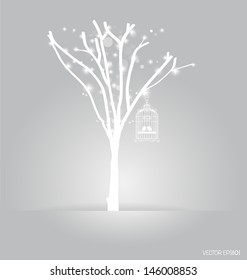 Vector background with abstract tree and vintage birdcages. Vector Illustration.