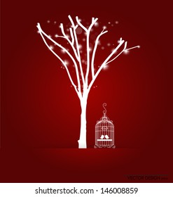 Vector background with abstract tree and vintage birdcages. Vector Illustration.
