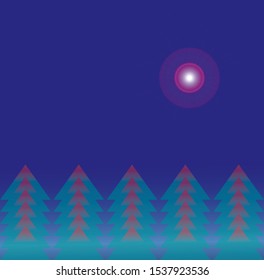 vector background. Abstract trees, purple moon and the blue night sky.