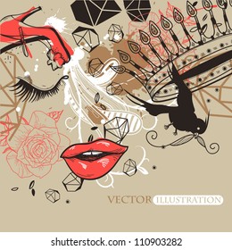 vector background with  abstract woman,roses and a crown