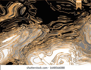 Vector background, abstraction in black and white color with golden lines, marble texture, drips of paint, pattern.