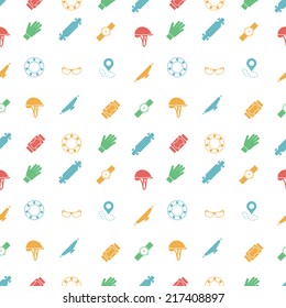Vector background for accessories for longboarders. Seamless vector pattern with colored symbols of protection for longboarding or other extreme sport on white background.