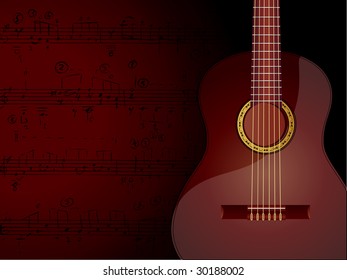 Vector background with acoustic guitar and musical notes.