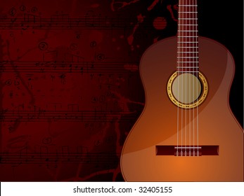 Vector background with acoustic guitar and musical notes.