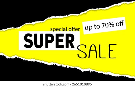 Vector background for advertising sales with discounts up to 70%. A template for drawing attention to purchases. Black torn paper on a yellow background with an advertisement for discounts.