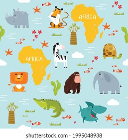 Vector background Africa with cartoon animals. Whale, elephant, lion, zebra, crocodile, fish, baobab tree, cactus