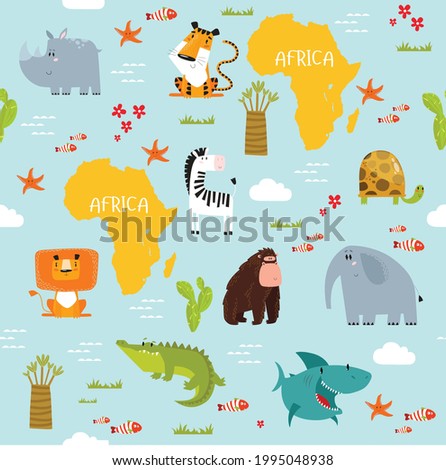 Vector background Africa with cartoon animals. Whale, elephant, lion, zebra, crocodile, fish, baobab tree, cactus