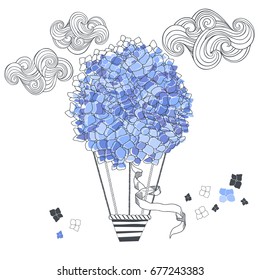 Vector background with air balloon-hydrangea.  Sketch illustration with space for text, invitation or greeting card, can be used as isolated elements for your design.