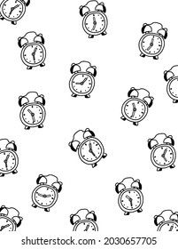 Vector background with alarm clocks.  Chaotic objects, abstraction.  Black on white