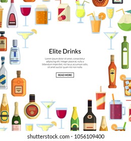 Vector background with alcoholic drinks in glasses and bottles gathered around empty center with place for text illustration