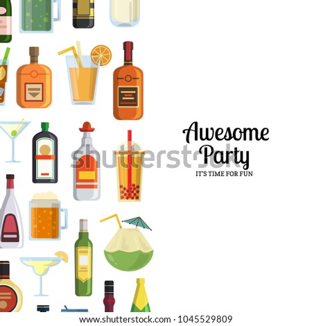 Vector background with alcoholic drinks in glasses and bottles. Illustration of beverage champagne, vodka