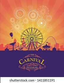 Vector background of amusement park. Poster design  invitation of  the carnival funfair and amusement with sunset. Ferris wheel, roller coaster and carousel festive parks attractions.