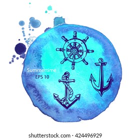 Vector background - anchor, helm.
Illustration sketch - summertime.