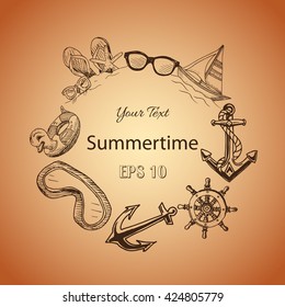 Vector background - anchor, helm, sunglasses, swim ring, mask, flip-flop, yacht, ship.
Illustration sketch - summertime.