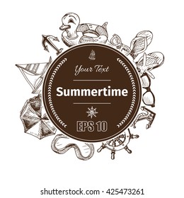Vector background - anchor, helm, sunglasses, swim ring, mask, flip-flop, yacht, ship.
Illustration sketch - summertime.