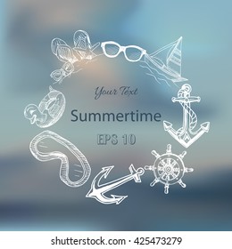 Vector background - anchor, helm, sunglasses, swim ring, mask, flip-flop, yacht, ship.
Illustration sketch - summertime.