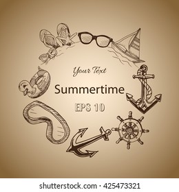 Vector background - anchor, helm, sunglasses, swim ring, mask, flip-flop, yacht, ship.
Illustration sketch - summertime.