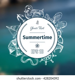 Vector background - anchor, helm, sunglasses, swim ring, mask, flip-flop, yacht, ship.
Illustration sketch - summertime.