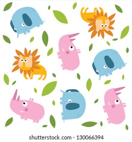 Vector background. Animals. Lion, elephant, rhino.