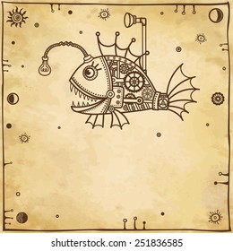 Vector background: animation mechanical fish with a place for the text.  Imitation of old paper.