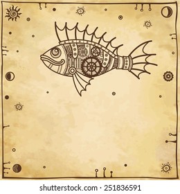 Vector background: animation mechanical fish with a place for the text.  Imitation of old paper.