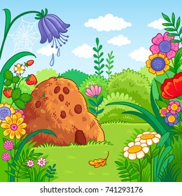 Vector background with an anthill and plants, flowers, bushes, strawberry. Nature in the children's cartoon style.