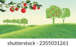 vector background of apple orchard with twigs, fruit and apple leaves in a beautiful landscape in summer