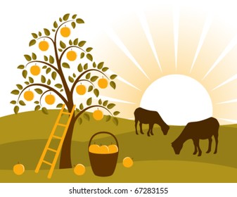 vector background with apple tree and grazing goats