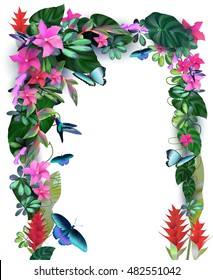 Vector background. Arch overgrown with tropical plants, flowers, vines, flying butterflies and hummingbirds.On a white background