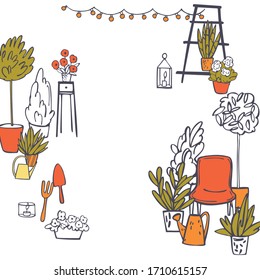 Fondo vectorial con sillón y flores en maceta. Dibujo de esbozo.