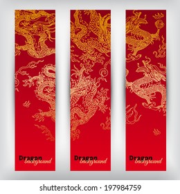 Vector background with asia dragons. Hand drawn illustration. Banner set. 