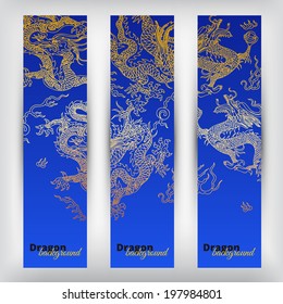 Vector background with asia dragons. Hand drawn illustration. Banner set. 